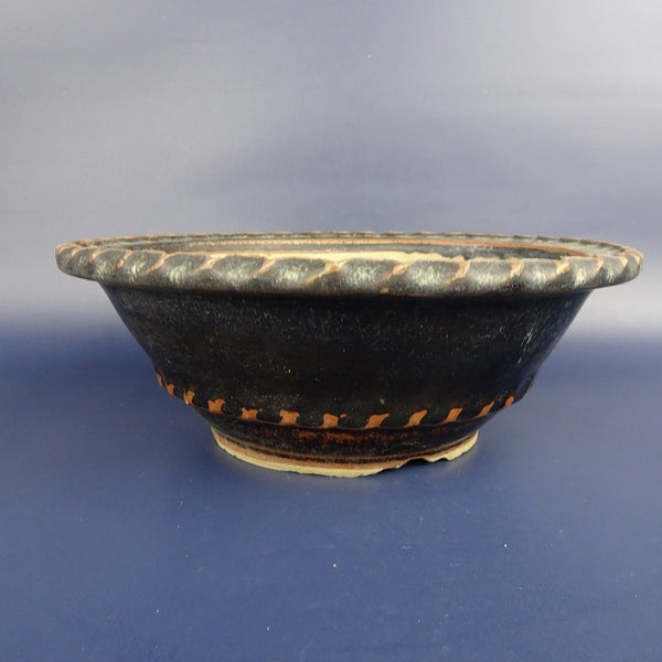 中古盆栽鉢 小石原焼 落款なし 中型 長辺 約21cm 丸鉢 外縁 釉薬  中古鉢 h1198424334