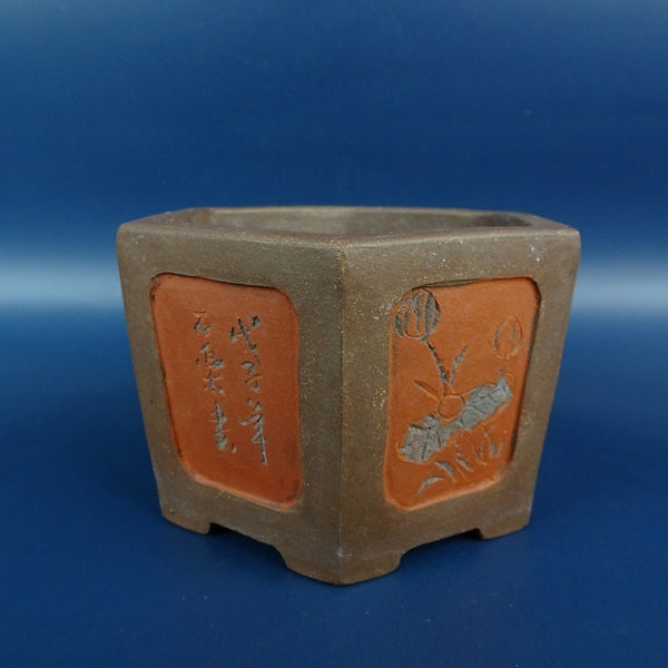 中古盆栽鉢 柏陽造記 長辺 約 10.5cm 六角鉢 窓入 釘彫 泥鉢 中国鉢  中古鉢 g1198421114