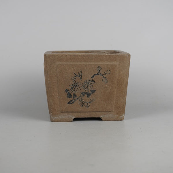 中古盆栽鉢 中国宜興 小型 長辺 約13.5cm 正方鉢 隅入 窓付 花 植物 泥物  中古鉢 c1198410417