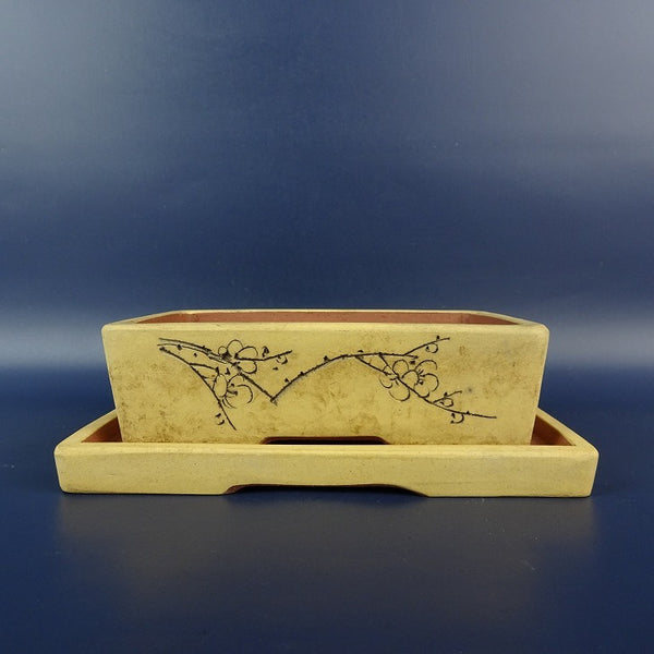 中古盆栽鉢 落款なし 受皿付 小型 長辺 約 16.6cm 長方鉢 釘彫 花 文字 釉薬  中古鉢 j1198414427