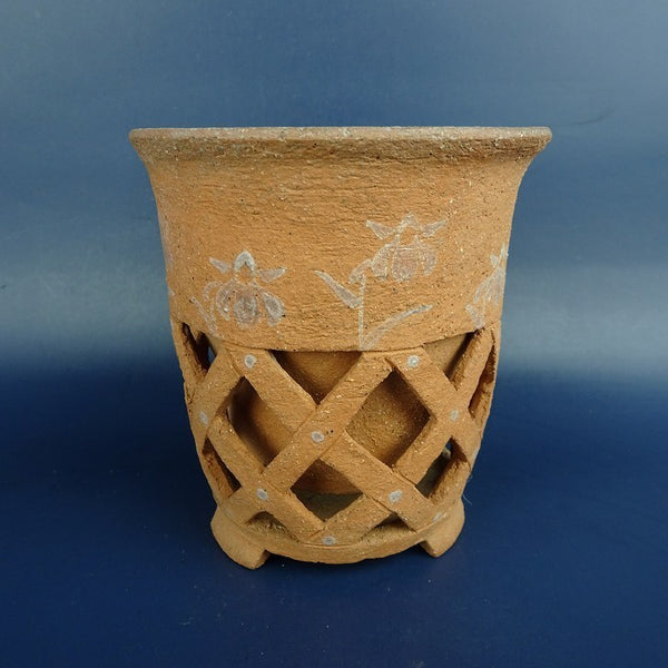 中古盆栽鉢 神戸 小型 高さ 約10cm 丸鉢 透かし 格子 花 泥鉢  中古鉢 h1198426775