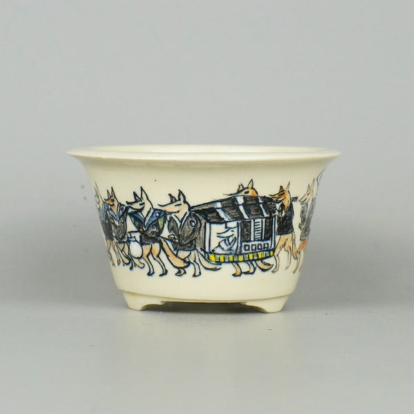 中古盆栽鉢 越前芳水 小鉢 長辺 約8cm 丸鉢 色絵 狐の嫁入り図 箱付 観賞用  中古鉢 x1198411287