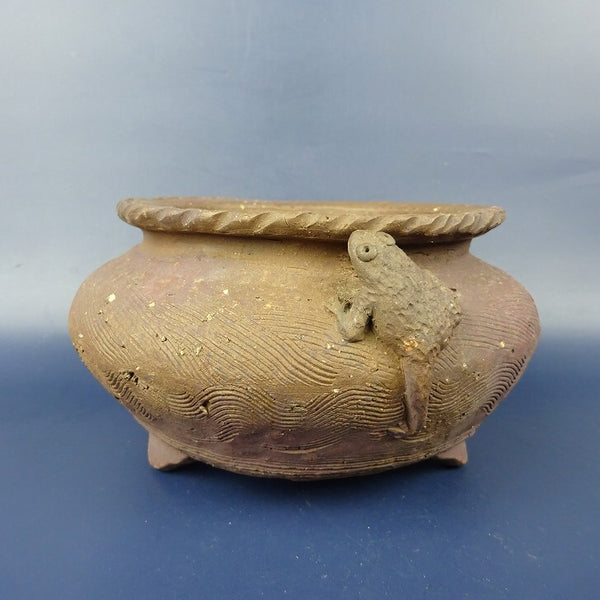 中古盆栽鉢 萬留平 小型 長辺 約14cm 丸鉢 蛙 泥物  中古鉢 o1198425617