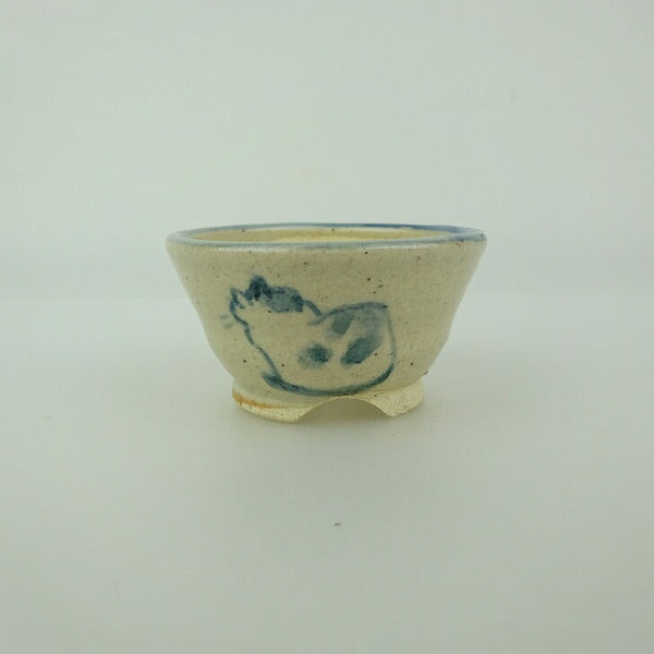 中古盆栽鉢 ゆうき祥石 小鉢 長辺 約 4.8cm 丸鉢 落款なし 絵鉢 猫 ネコ ねこ 釉薬 観賞用  中古 o1198426023