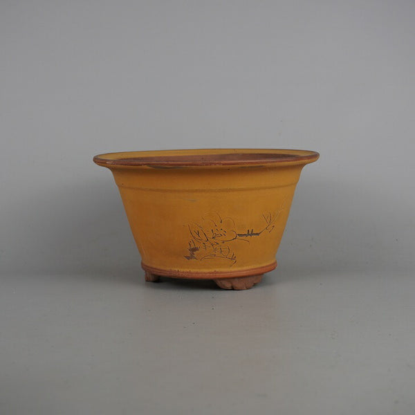 中古盆栽鉢 落款なし 小型 長辺 約18.3cm 丸鉢 外縁 雲足 下帯 彫入 梅  中古鉢 n1198409986