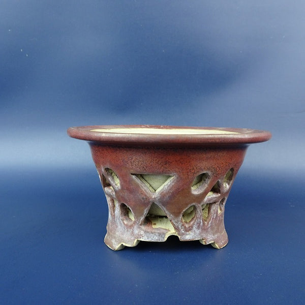 中古盆栽鉢 仁平 小型 長辺 約 10.7cm 丸鉢 外縁 透彫り 釉薬  中古鉢 k1198413756