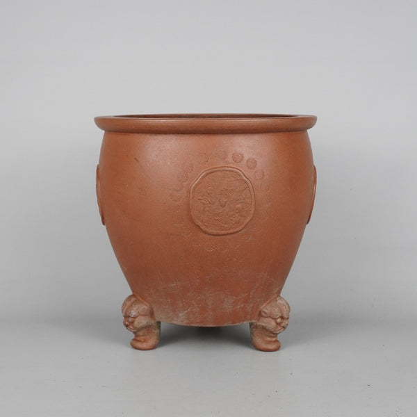 中古盆栽鉢 落款あり 中型 長辺 約20.5cm 丸鉢 獣面足 泥鉢 中国鉢  中古鉢 u1198425049