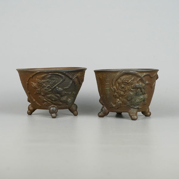 中古盆栽鉢 昇仙 2点セット 小型 長辺 約10.8cm 丸鉢 浮彫 雷神 風神 観賞用  中古鉢 m1198407875