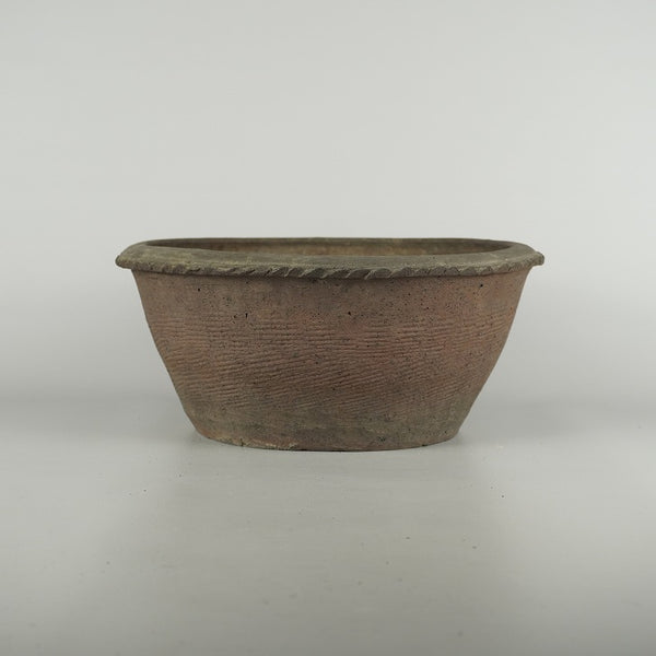 中古盆栽鉢 支那鉢 中型 長辺 約 28.5cm 丸鉢 縁付 模様 泥物  中古鉢 d1198425761