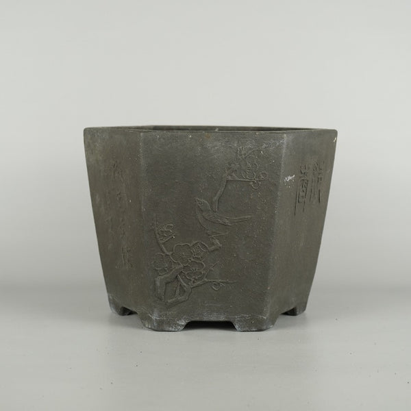 中古盆栽鉢 同治年製 中型 長辺 約 22cm 六角鉢 鳥 花 竹 笹 漢字 泥物  中古鉢 p1198421363