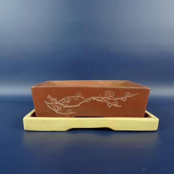 中古盆栽鉢 落款なし 受皿付 小型 長辺 約 18.3cm 長方鉢 釘彫 花 文字 釉薬  中古鉢 r1198402299