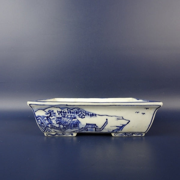 中古盆栽鉢 落款あり 小型 長辺 約 15.2cm 長方鉢 染付 風景画 中国鉢 観賞用  中古鉢 e1198414661