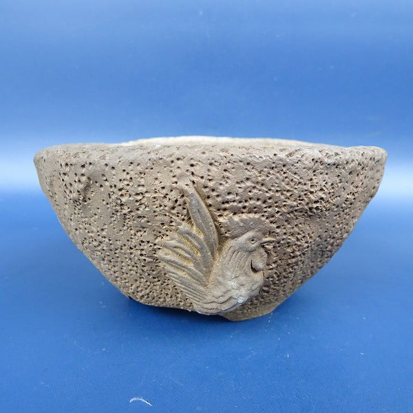 中古盆栽鉢 陶雀 小型 長辺 約10.7cm 丸鉢 浮彫 酉 鶏 泥物  中古鉢 n1198406192