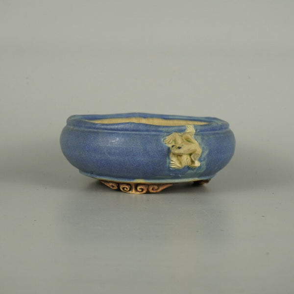 中古盆栽鉢 正志 小型 長辺 約 16cm 丸鉢 竹節縁 雲足 蛙付 カエル 釉薬 観賞用  中古鉢 h1198421249