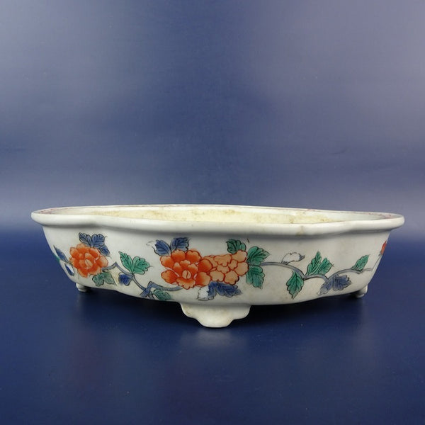 中古盆栽鉢 伊万里 落款なし 小型 長辺 約19.1cm 木瓜鉢 外縁 色絵 花 はな ハナ 絵鉢 観賞用  中古鉢 k1198409277