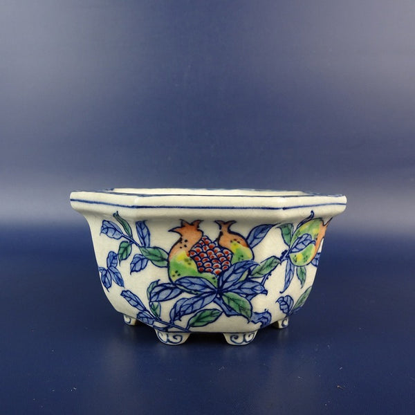 中古盆栽鉢 祝峯 小型 長辺 約 10cm 八角鉢 外縁 色絵 柘榴 ざくろ ザクロ 植物 絵鉢 観賞用  中古鉢 f1198404098