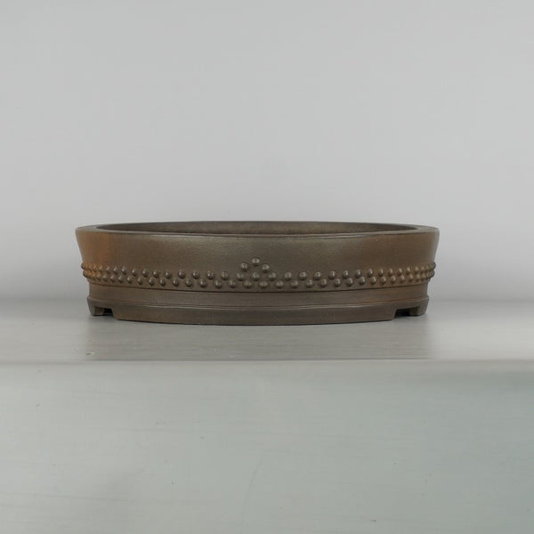 中古 盆栽鉢 常滑 中野 行山 大型 長辺 約 40.5cm 丸鉢 鋲打 泥物  中古鉢 c1198404192