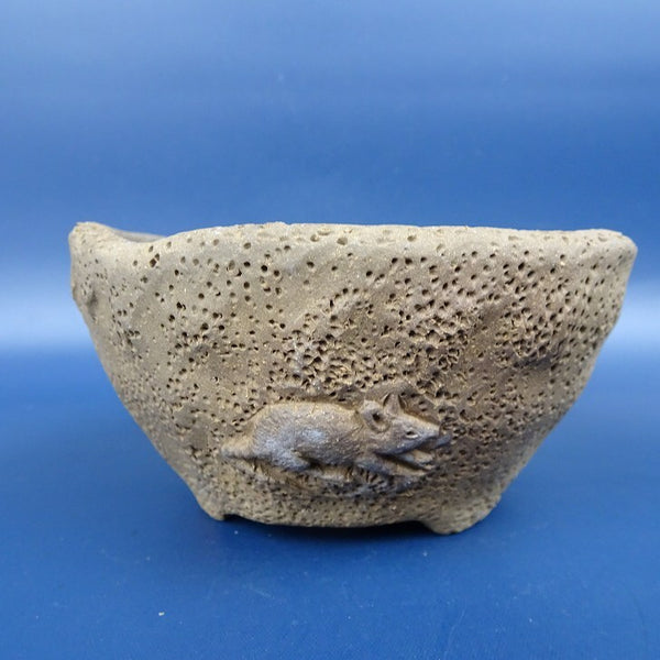 中古盆栽鉢 陶雀 小型 長辺 約10.5cm 丸鉢 浮彫 子 鼠 泥物  中古鉢 l1198409925