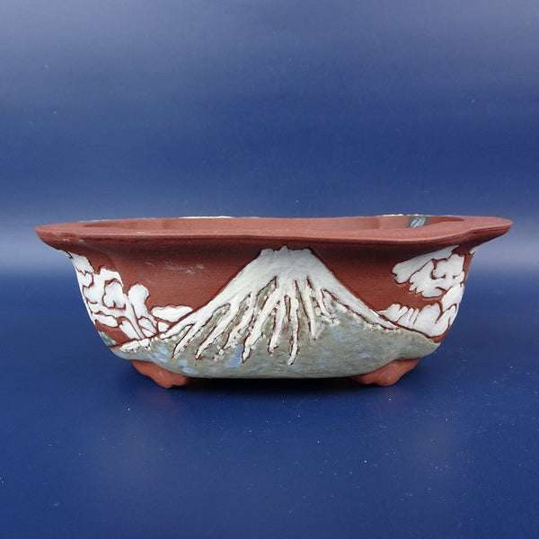 盆栽鉢 常滑 角山窯 幸峰 小型 長辺 約15.2cm 木瓜鉢 外縁 彫入 色絵 富士山 桜 山 花 絵鉢 観賞用  新品 k1198412616