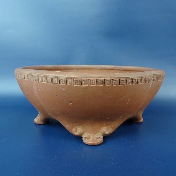 中古盆栽鉢 落款あり 小型 長辺 約19.5cm 木瓜鉢 雲足 彫入 雷紋 模様泥鉢 中国鉢  中古鉢 v1198436384