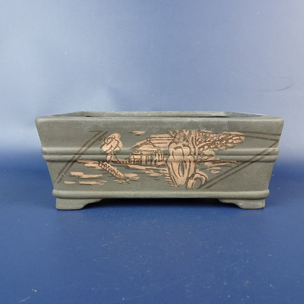 中古盆栽鉢 陶艶 小型 長辺 約 12.7cm 長方鉢 中帯 人物 風景画 絵鉢 泥鉢  中古鉢 g1198416138