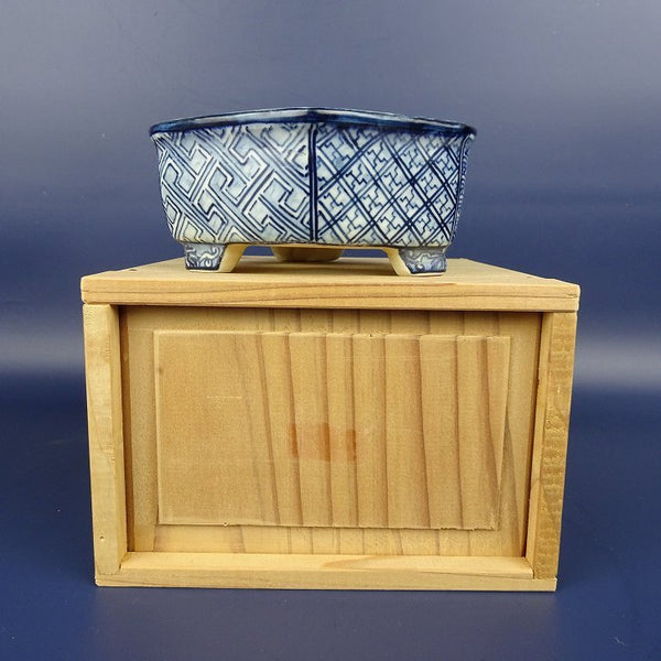 中古盆栽鉢 裕峯 小型 長辺 約11.5cm 六角鉢 外縁 染付 箱付  中古鉢 k1198412469