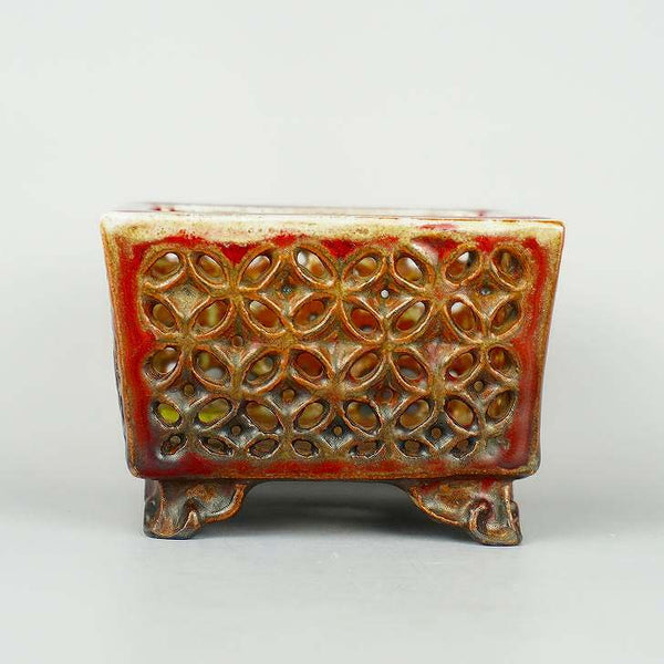 盆栽鉢 湖東 宗山造 小鉢 長辺 約 9cm 正方鉢 雲足 金の星 百間橋 透かし彫  中古鉢 d1198423930