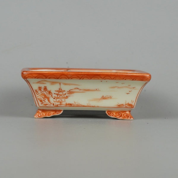 中古盆栽鉢 平安佑泉 小鉢 長辺 約 9.5cm 長方鉢 赤絵 山水図 箱付 観賞用  中古鉢 r1198403832