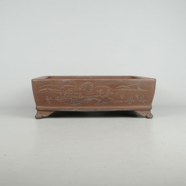 中古 盆栽鉢 常滑 旭清 中型 長辺 約 25.5cm 長方鉢 雲足 下帯 彫入 山水図 漢文字 泥物  中古鉢 v1198434446