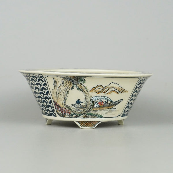 中古盆栽鉢 越前芳水 小型 長辺 約13.3cm 丸鉢 色絵 山水図 共布 共箱 観賞用  中古鉢 t1198409815