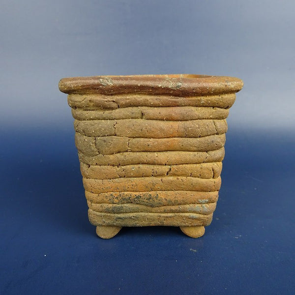 中古盆栽鉢 清水 利重 小鉢 長辺 約6.5cm 正方鉢 外縁 焼締め 泥物  中古鉢 c1198407888