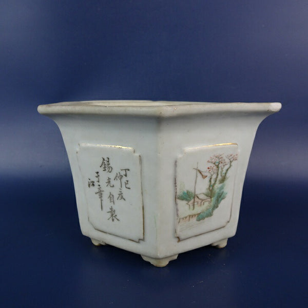 中古盆栽鉢 南京 落款なし 小型 長辺 約13.8cm 六角鉢 外縁 色絵 風景 観賞用  中古鉢 m1198410766