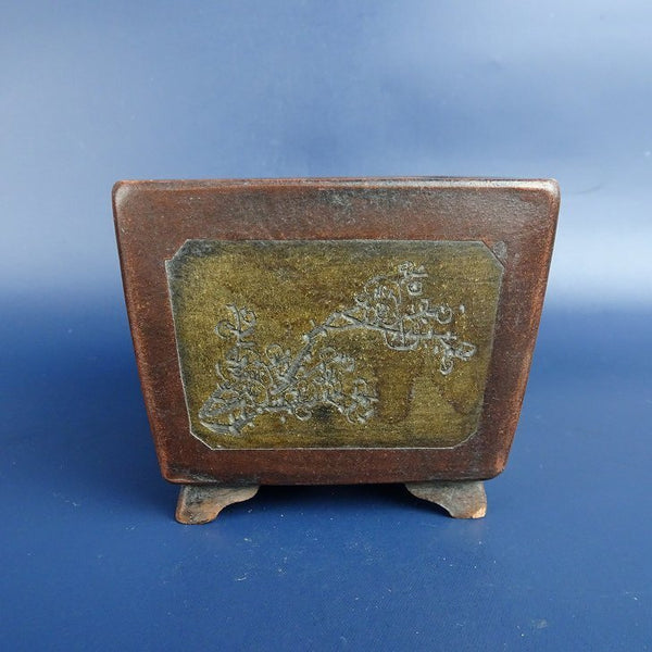 中古盆栽鉢 建琴 小鉢 長辺 約7.8cm 正方鉢 段足 彫入 文字 植物 中国鉢 観賞用  中古鉢 1198404882
