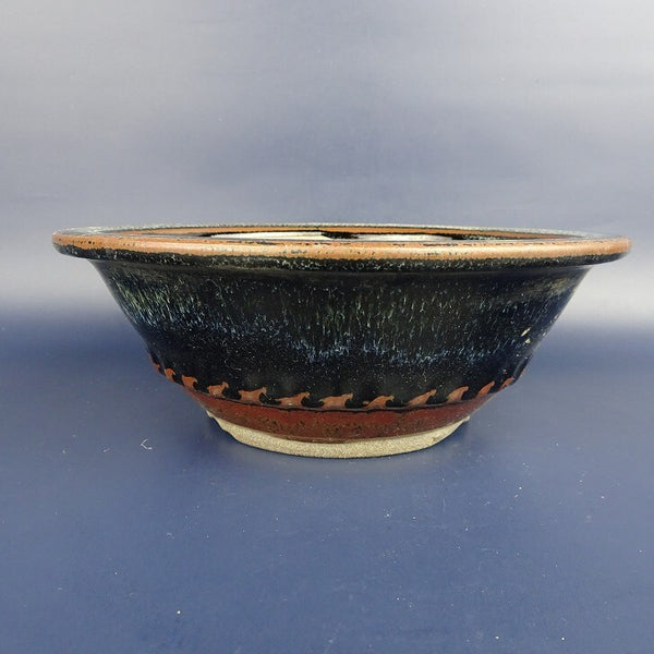 中古盆栽鉢 小石原焼 中型 長辺 約20.5cm 丸鉢 外縁 釉薬  中古鉢 r1198402441