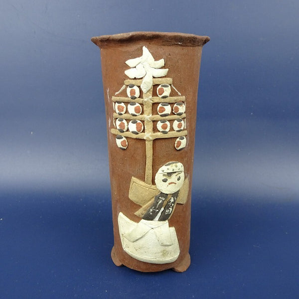 中古盆栽鉢 神戸 修 小型 長辺 高さ 約11.5cm 丸鉢 色絵 貼付 秋田 竿灯 泥鉢  中古鉢 s1198414775