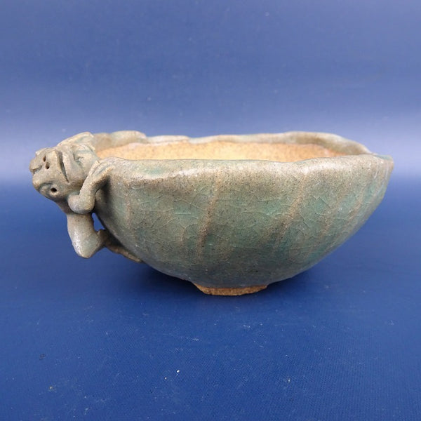 中古盆栽鉢 豊千 小型 長辺 約10.5cm 丸鉢 蛙 釉薬  中古鉢 h1198424086