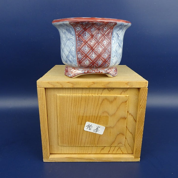 中古盆栽鉢 裕峯 小型 長辺 約9.2cm 丸鉢 外縁 色絵 箱付  中古鉢 x1198407998