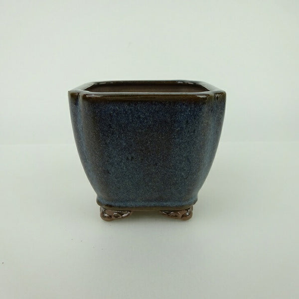 中古盆栽鉢 青香 小鉢 長辺 約6.5cm 正方鉢 隅入 雲足 下帯 釉薬  中古鉢 r1198402593