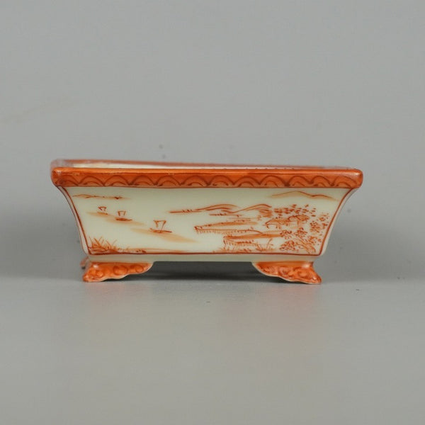 中古盆栽鉢 平安佑泉 小鉢 長辺 約9.5cm 長方鉢 赤絵 山水図 観賞用  中古鉢 c1198407132