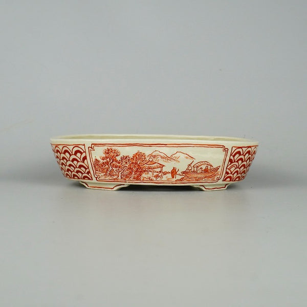 中古盆栽鉢 越前芳水 小型 長辺 約15.5cm 楕円鉢 窓抜 赤絵 山水図 共布 共箱 観賞用  中古鉢 t1198404245