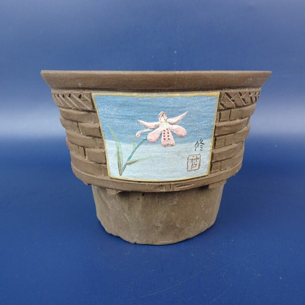 中古盆栽鉢 神戸 修 小鉢 長辺 約9.7cm 丸鉢 絵鉢 花 泥鉢  中古鉢 j1198412877