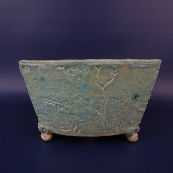 中古 盆栽鉢 忠寛 小型 長辺 約13cm 三角形鉢 彫入 山水図 釉薬 観賞用  中古鉢 l1198414410