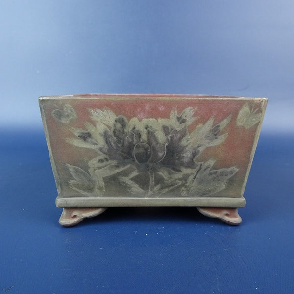中古 盆栽鉢 青風 小鉢 長辺 約9.1cm 正方鉢 雲足 絵鉢 花 蝶 観賞用  中古鉢 d1198421138