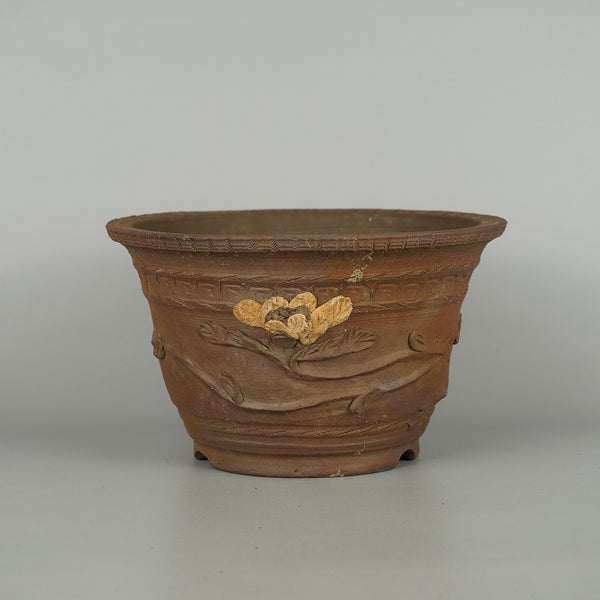 中古盆栽鉢 丹山 中型 長辺 約 22.3cm 丸鉢 外縁 花付 はな ハナ 模様 泥物 観賞用  中古鉢 p1198422103