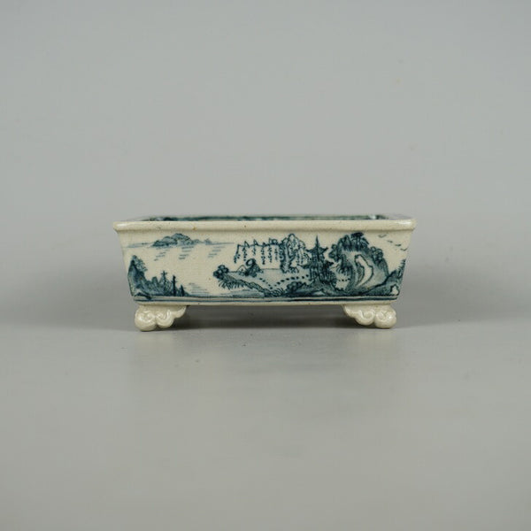 中古盆栽鉢 竹峯 小型 長辺 約12.5cm 長方鉢 縁付 雲足 染付 山水図 舟 観賞用  中古鉢 f1198415406