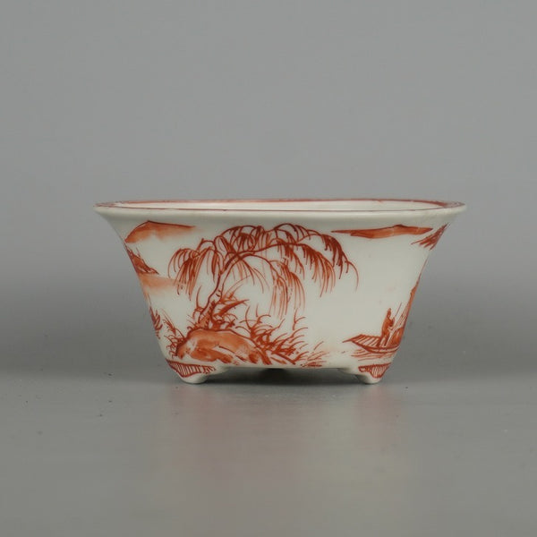 中古 盆栽鉢 静和富造 小型 長辺 約 11.8cm 丸鉢 赤絵 山水図 観賞用  中古鉢 u1198424243