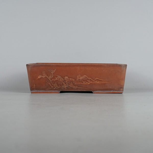 中古盆栽鉢 萬古 春山 中型 長辺 約 23.2cm 長方鉢 彫入 山水図 泥物 観賞用  中古鉢 r1198402045
