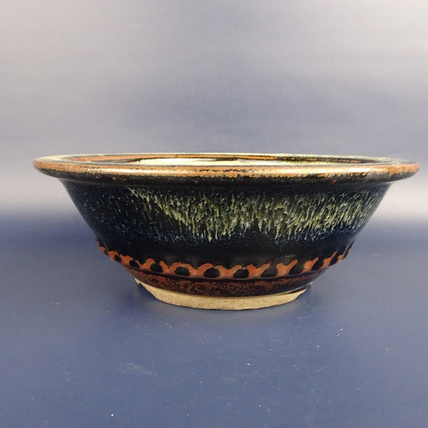 中古盆栽鉢 小石原焼 中型 長辺 約20.5cm 丸鉢 外縁 釉薬  中古鉢 e1198409143