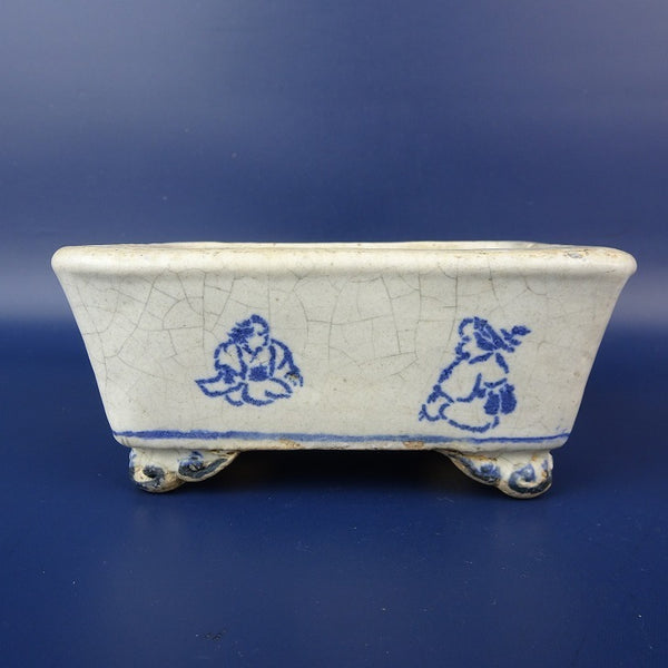 中古 盆栽鉢 忠寛 小型 長辺 約13cm 長方鉢 雲足 貫入 染付 人物 観賞用  中古鉢 l1198414953