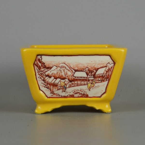 中古 盆栽鉢 駿河 政山 小型 長辺 約 11.4cm 正方鉢 窓入 赤絵 東海道 五拾三次 浦原 釉薬 観賞用  中古鉢 n1198405987